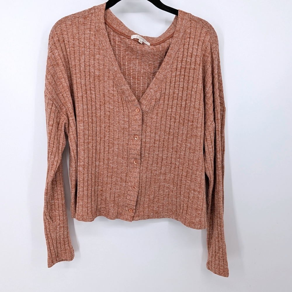Z Supply Cardigan Women Large‎ Orange Ribbed Knit V Neck Button Soft Casual Cozy